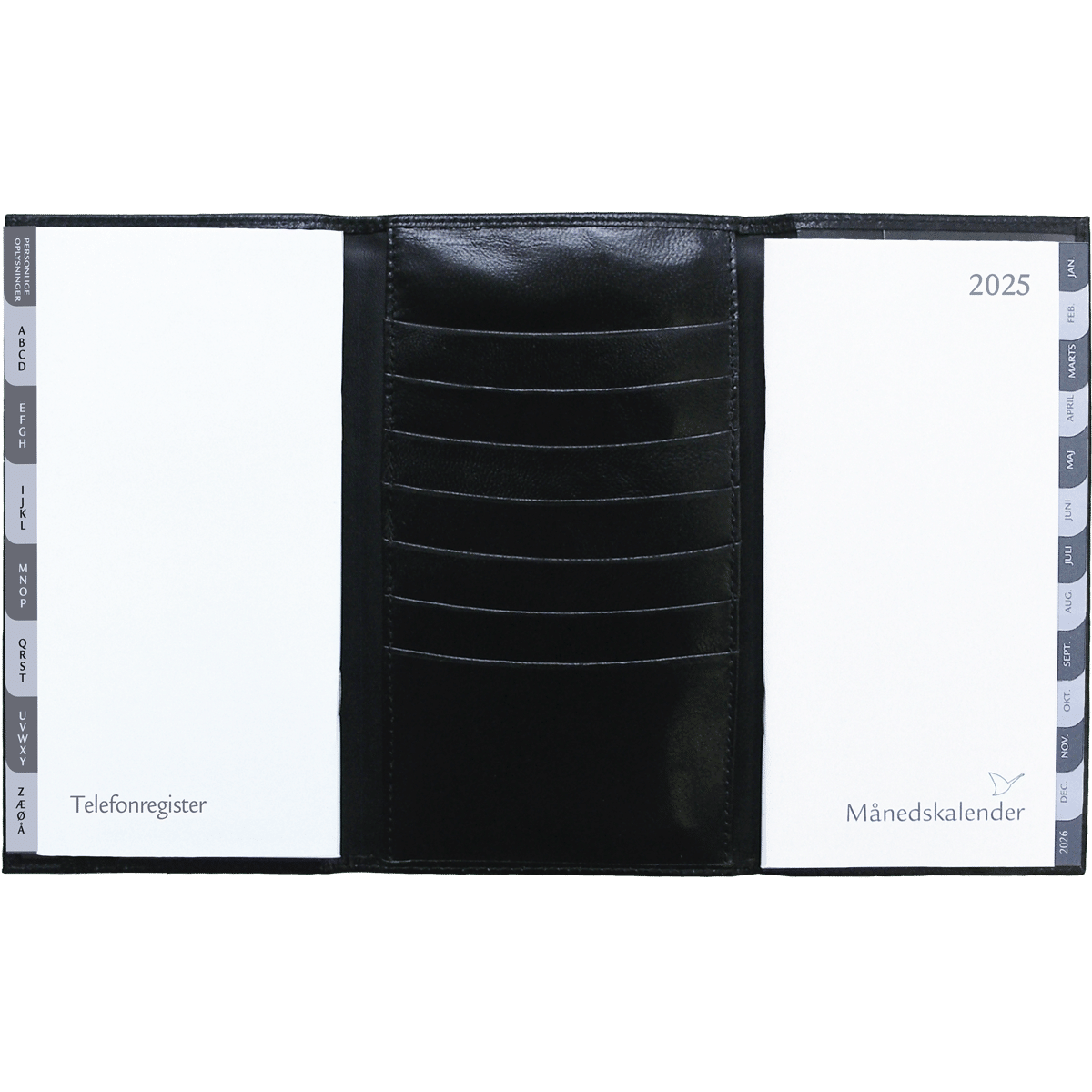 Månedskalender 2025 i 3-fløjet sort skind. Med kalender, telefonregister og notesblok