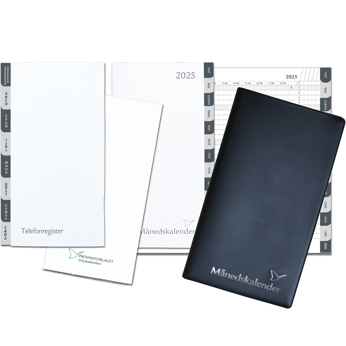 Månedskalender 2025 med kalender, telefonregister og notesblok, sort