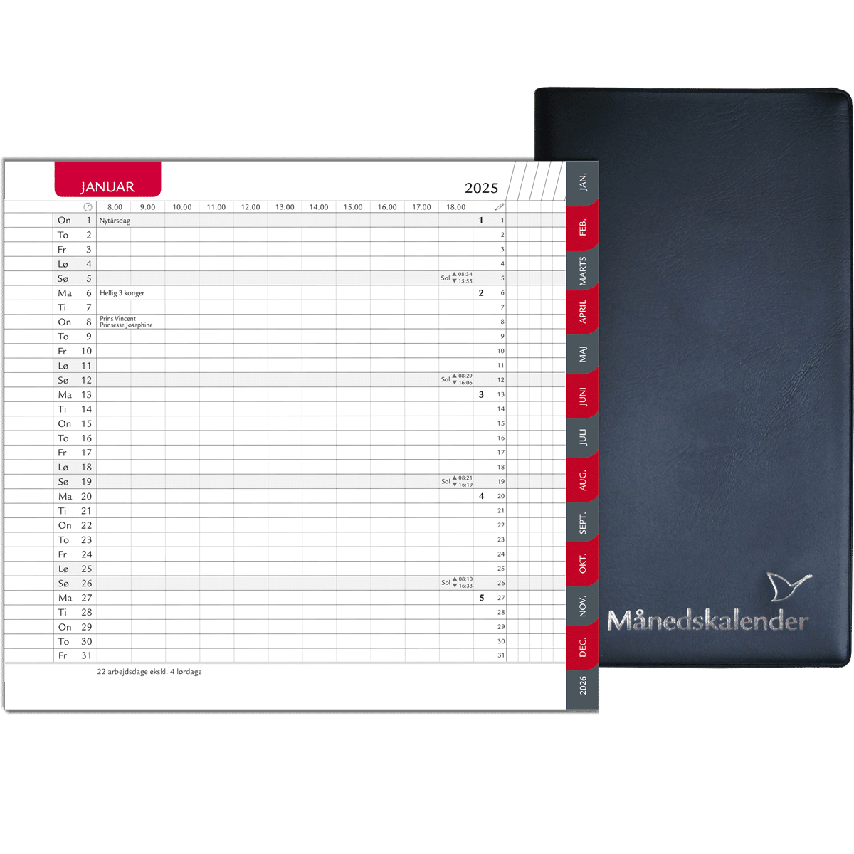 Månedskalender 2025 med kalender, telefontavle og notesblok, sort
