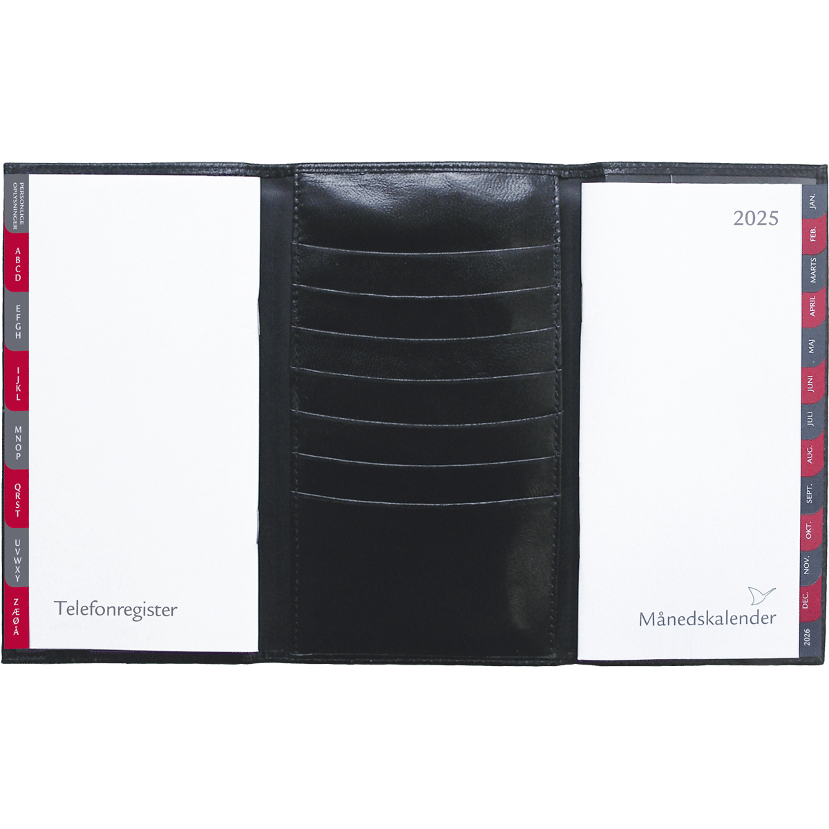 Månedskalender 2025 i 3-fløjet sort skind. Med kalender, telefonregister og notesblok