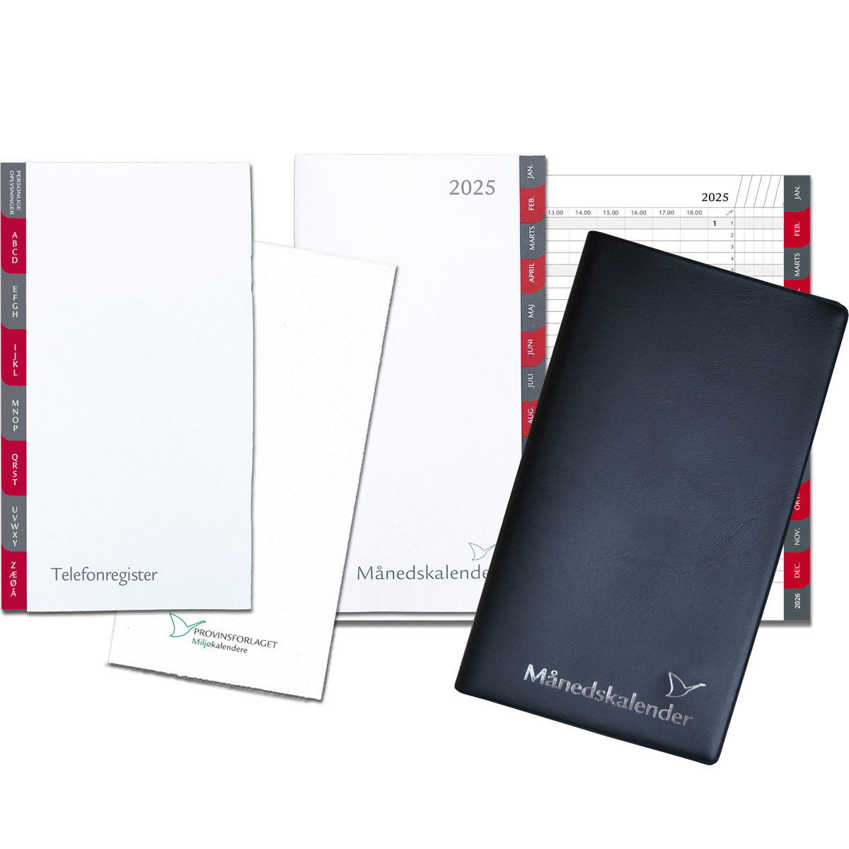Månedskalender 2025 med kalender, telefonregister og notesblok, sort