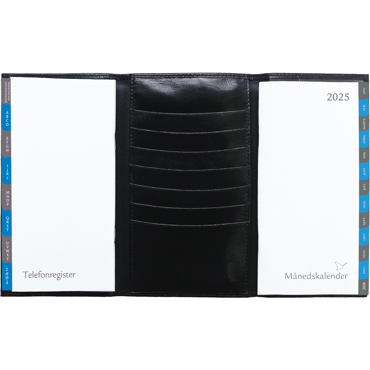 Månedskalender 2025 i 3-fløjet sort skind. Med kalender, telefonregister og notesblok