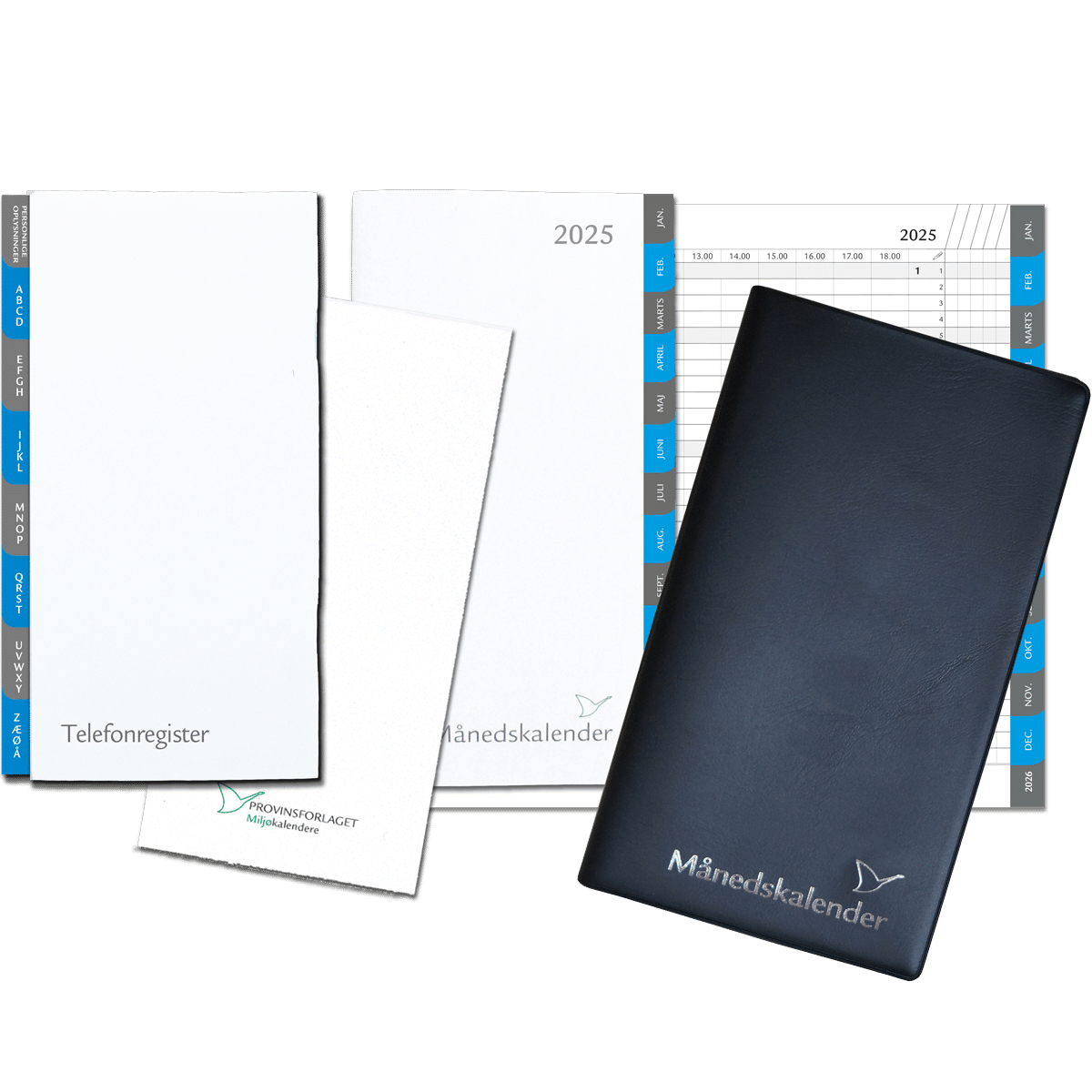 Månedskalender 2025 med kalender, telefonregister og notesblok, sort