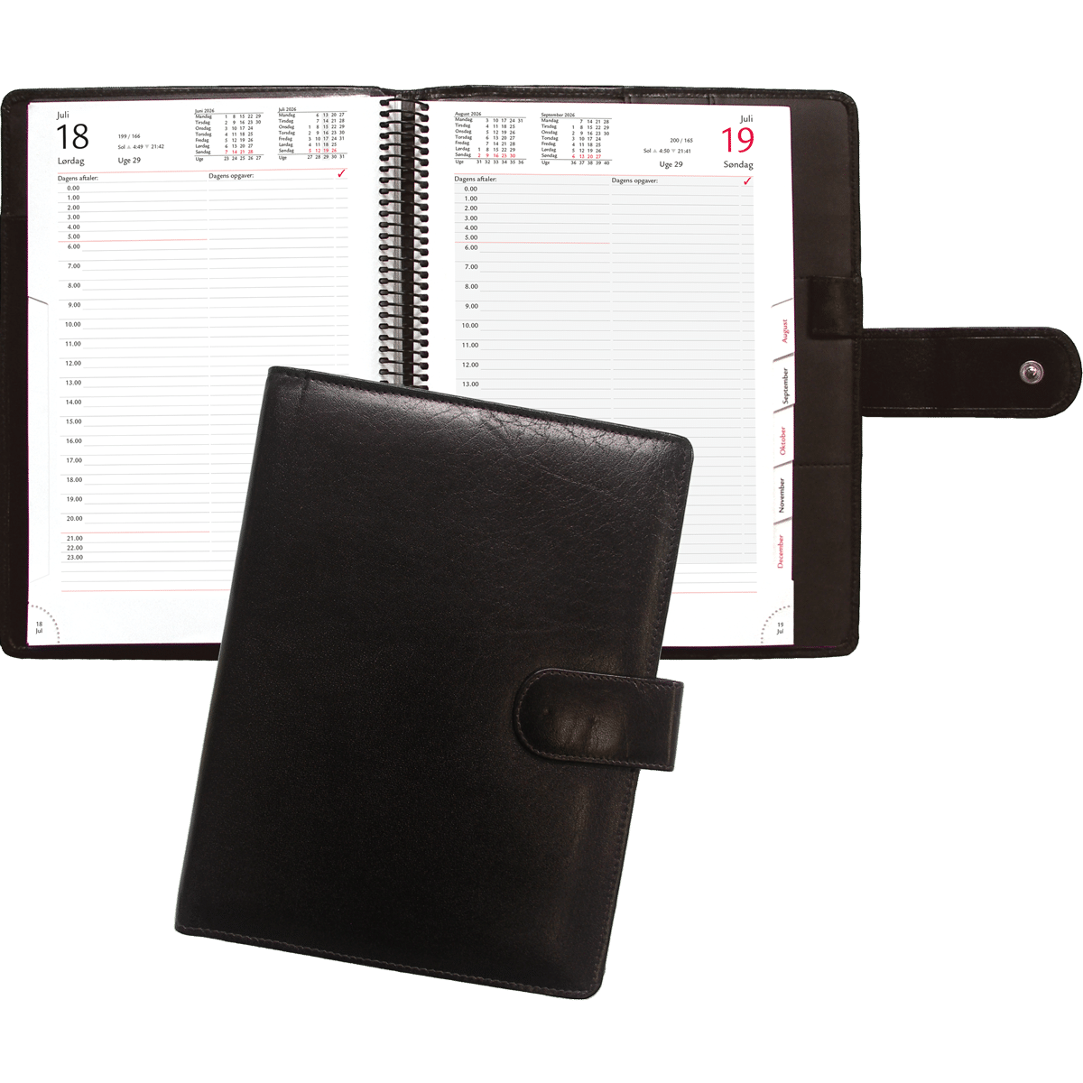Time/døgnkalender indsat i mørkebrunt skindomslag.