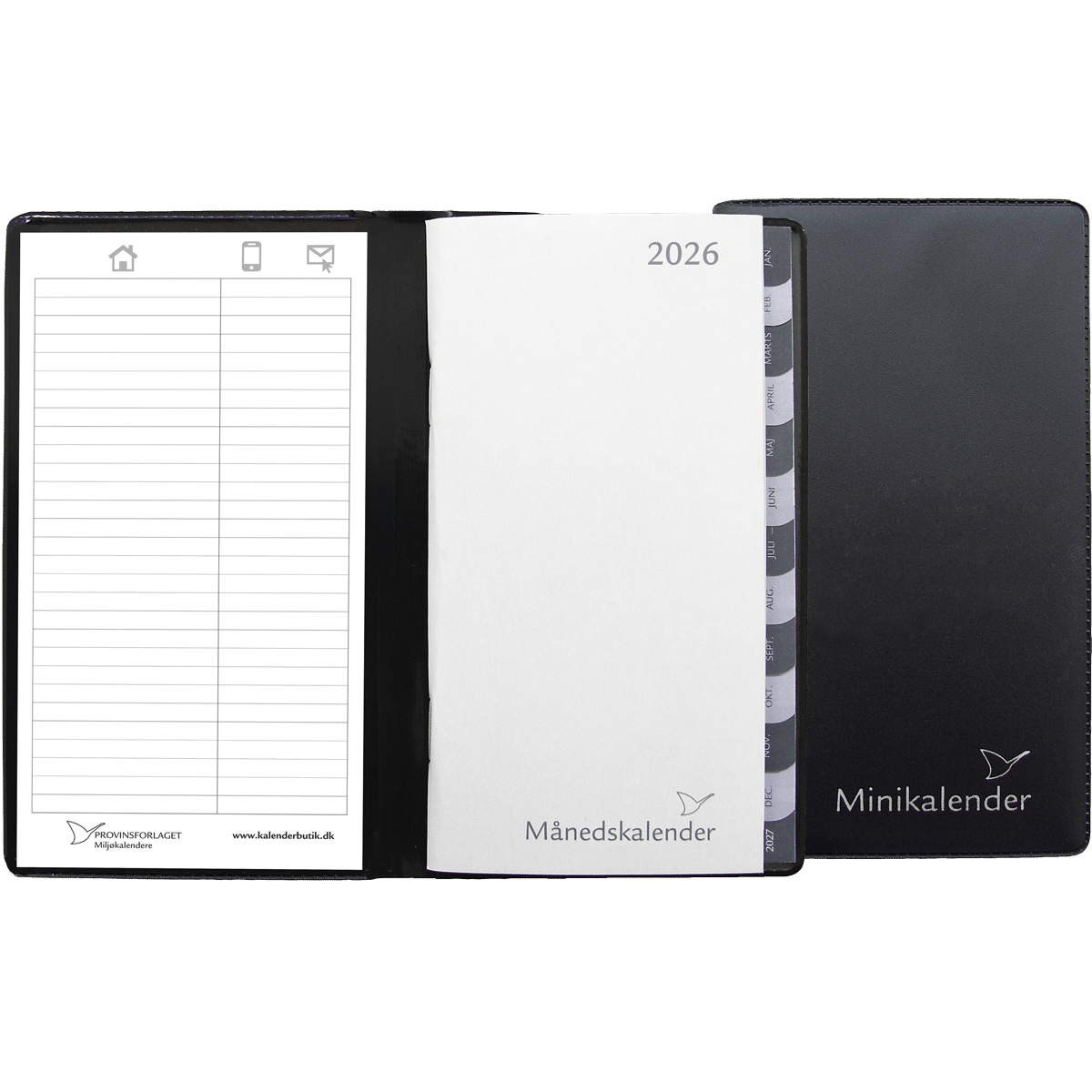 Mini månedskalender 2026 sort vinylomslag
