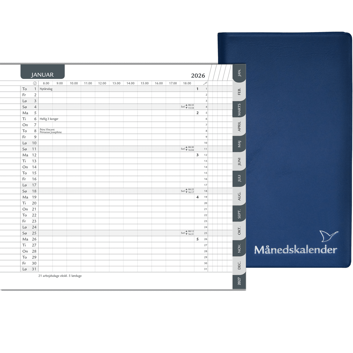 Månedskalender 2026 med kalender, telefontavle og notesblok