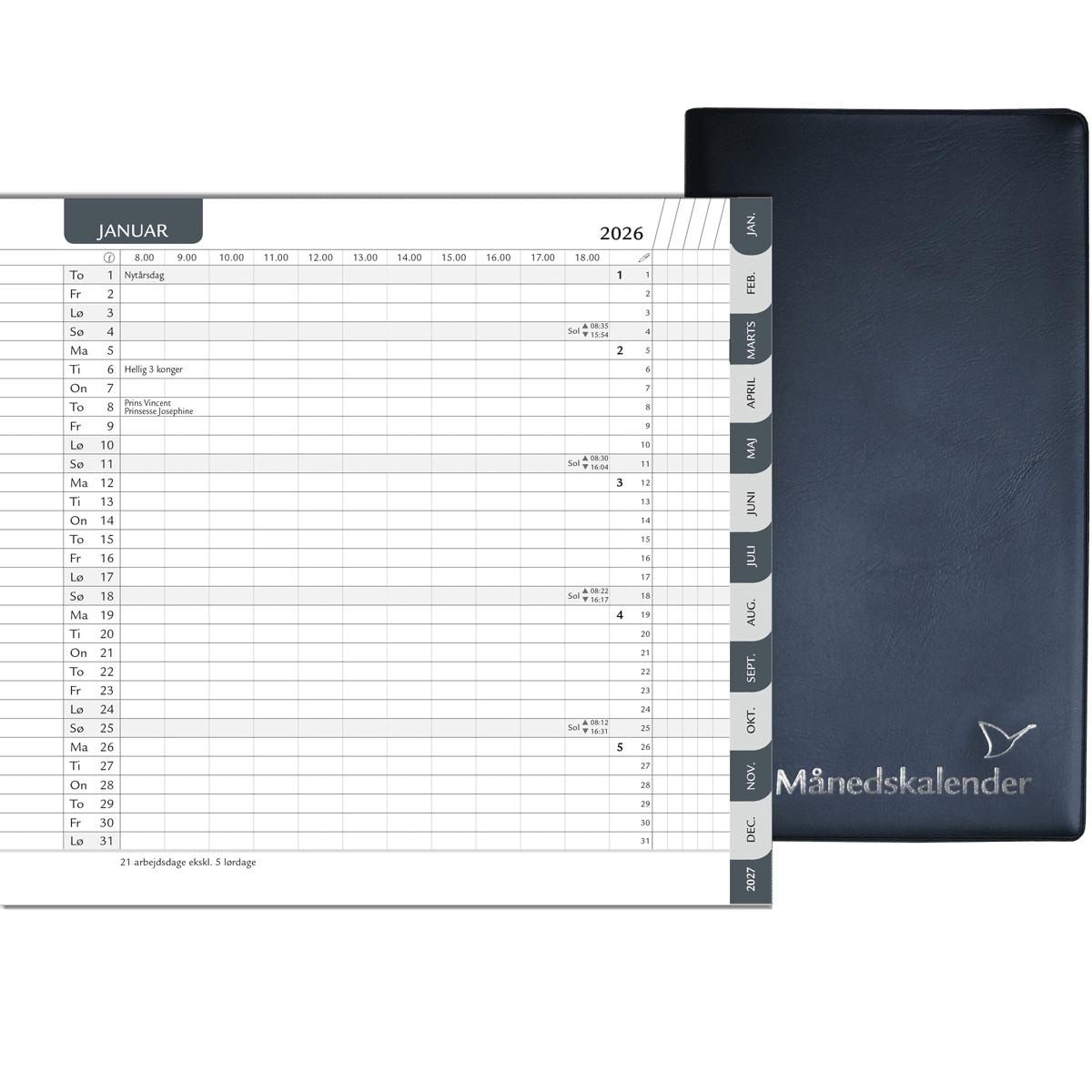 Månedskalender 2026 med kalender, telefontavle og notesblok