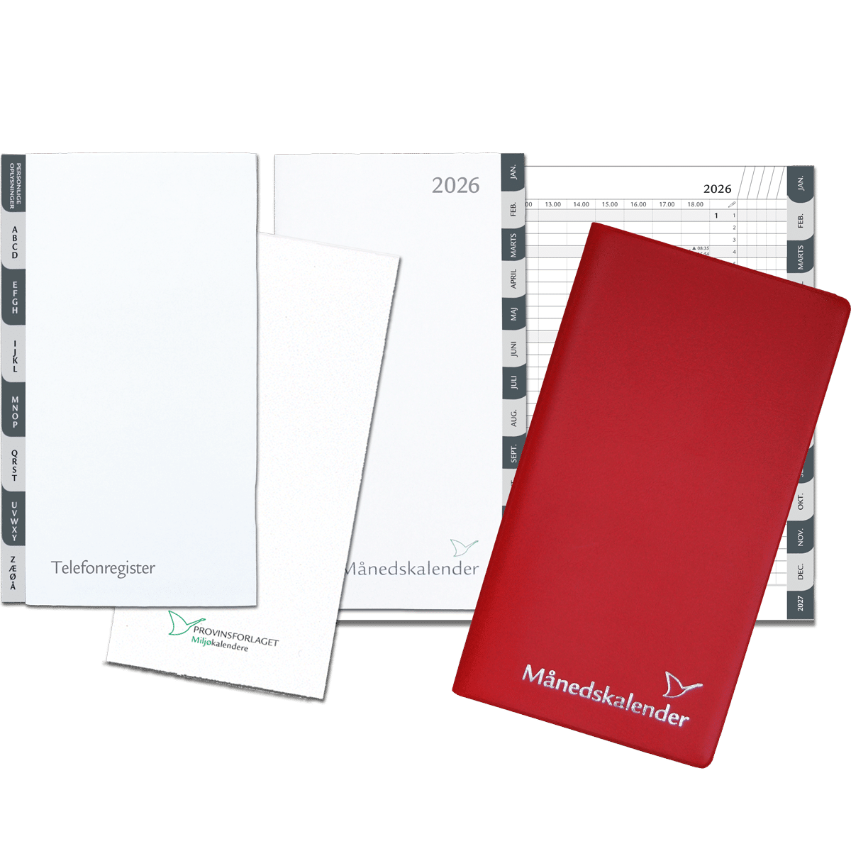 Månedskalender 2026 med kalender, telefonregister og notesblok, rød