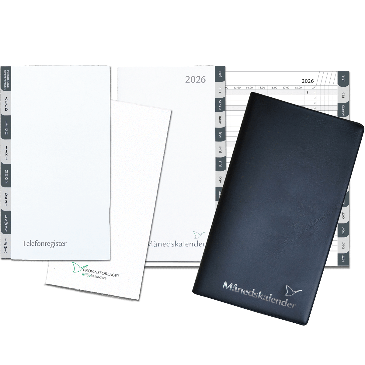 Månedskalender 2026 med kalender, telefonregister og notesblok, sort