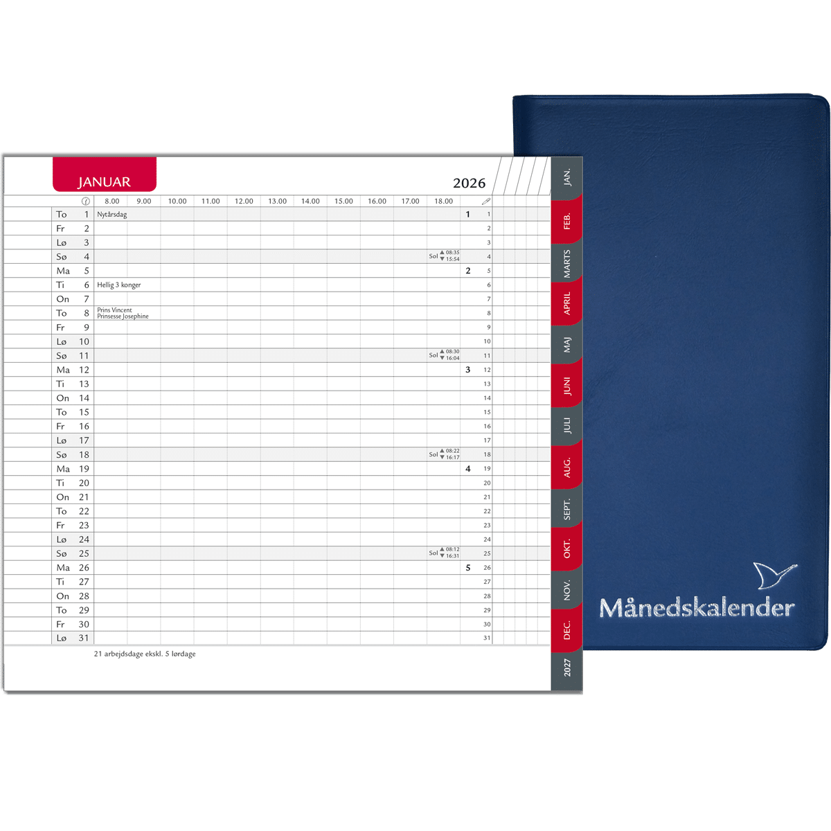 Månedskalender 2026 med kalender, telefontavle og notesblok, blå