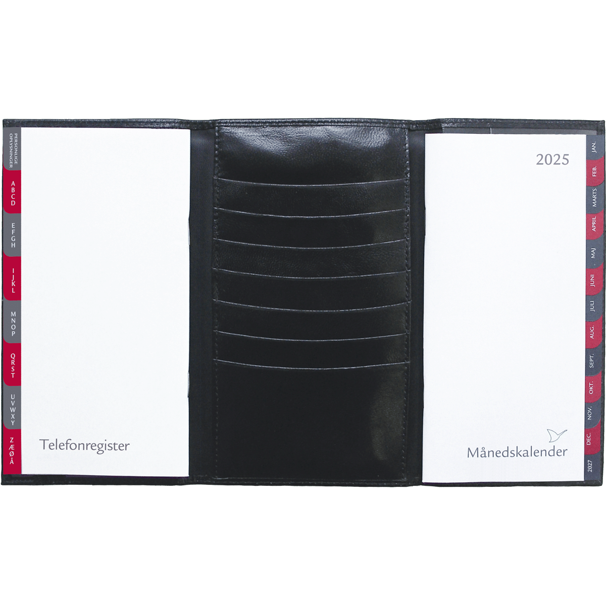 Månedskalender 2026 i 3-fløjet sort skind. Med kalender, telefonregister og notesblok