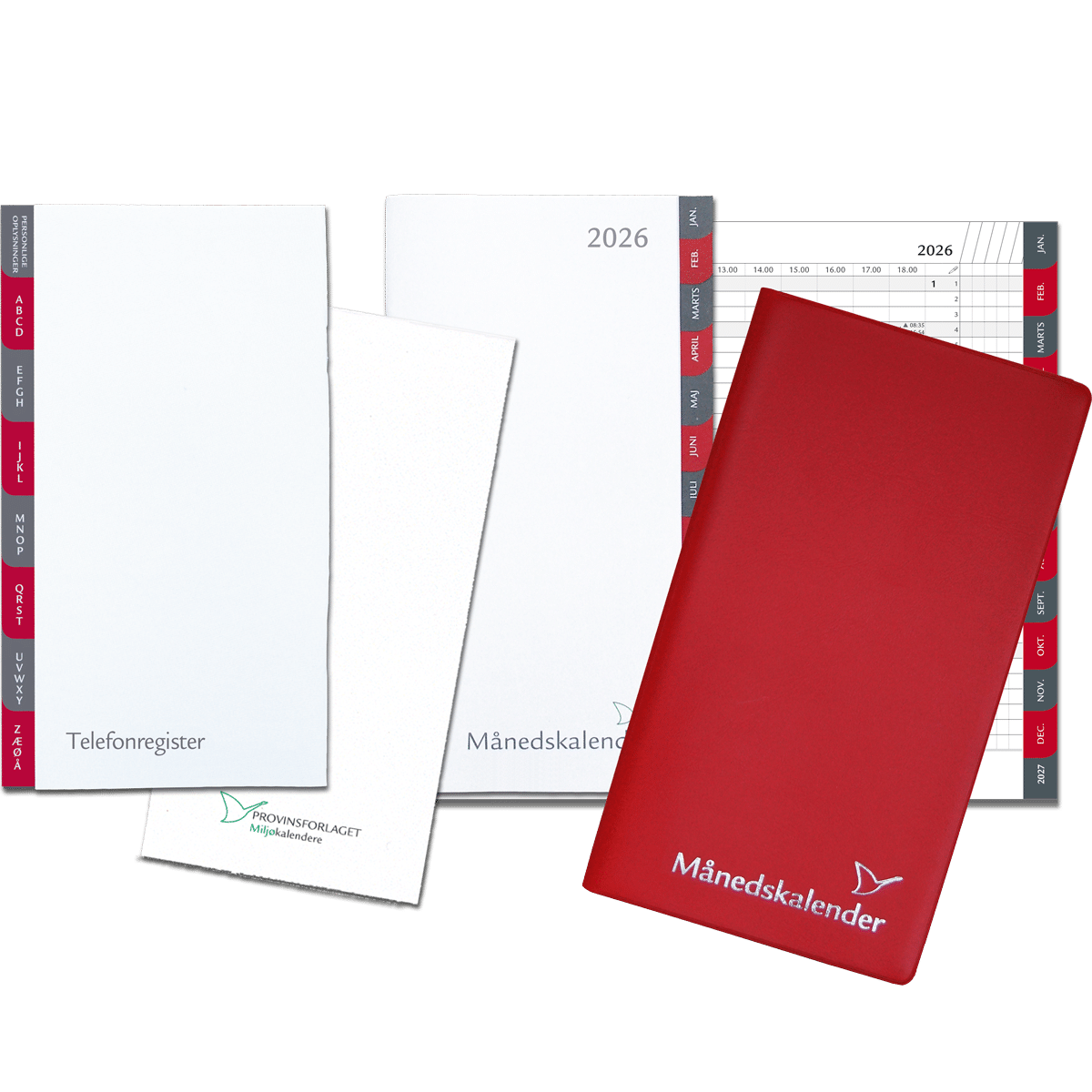 Månedskalender 2026 med kalender, telefonregister og notesblok, rød