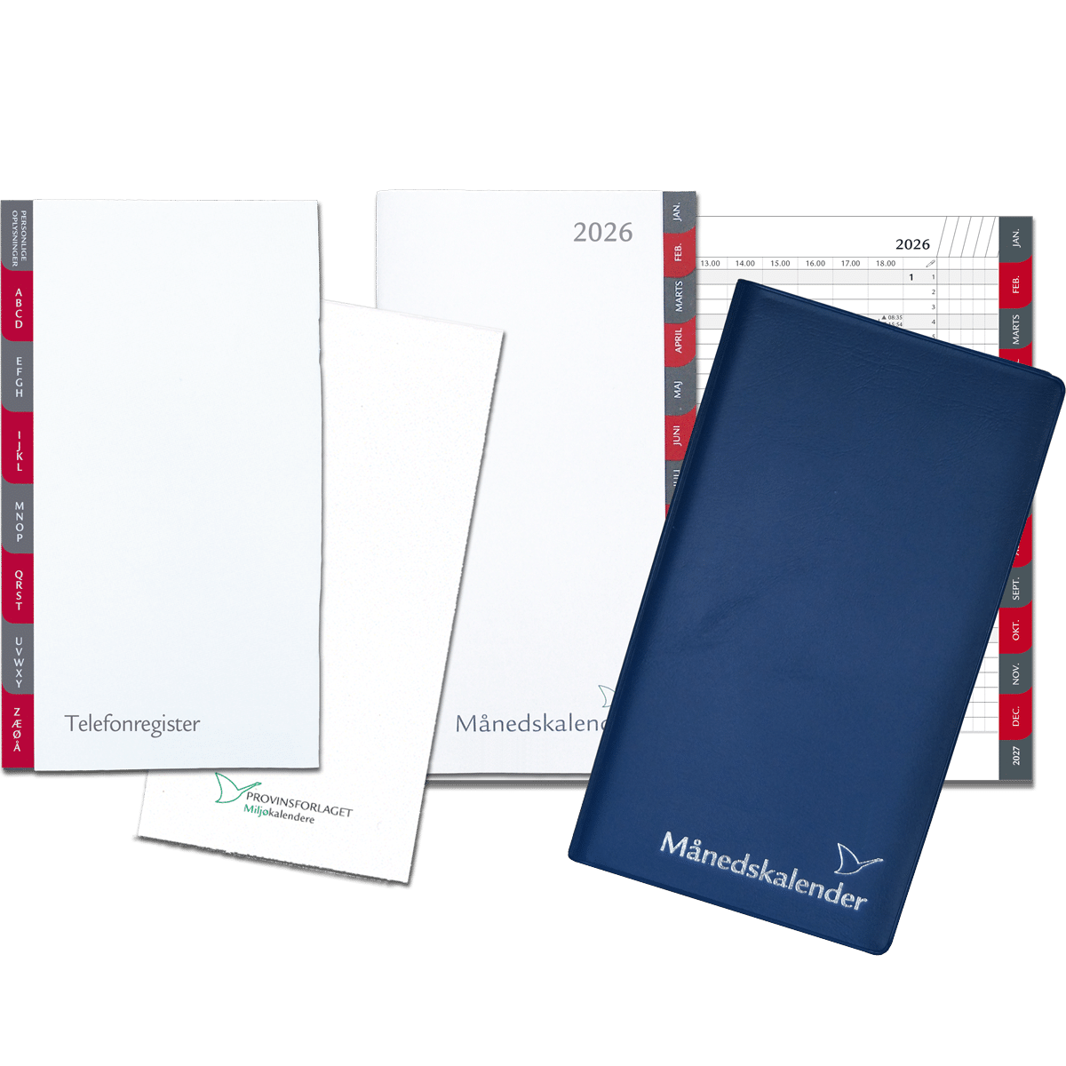 Månedskalender 2026 med kalender, telefonregister og notesblok, blå