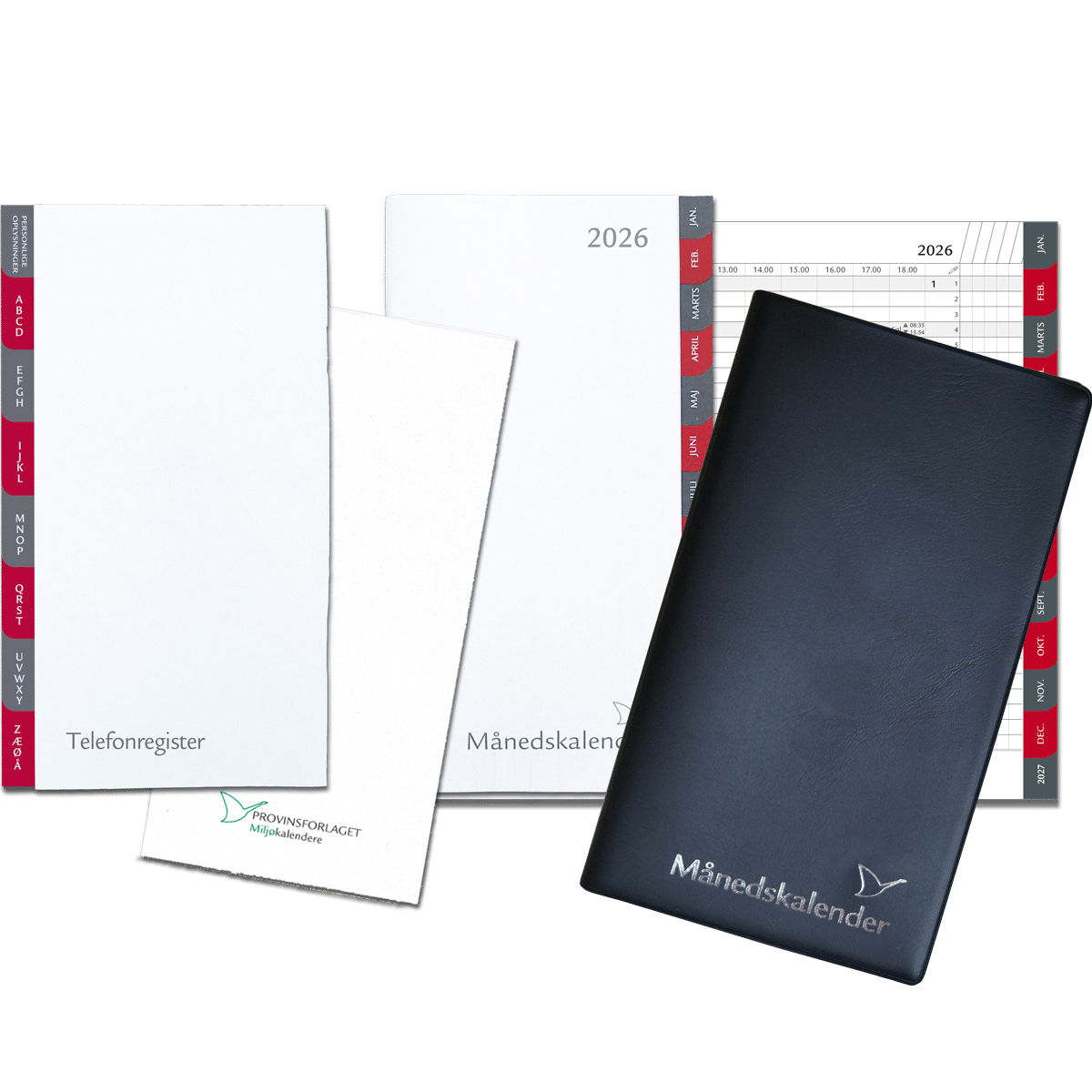 Månedskalender 2026 med kalender, telefonregister og notesblok, sort