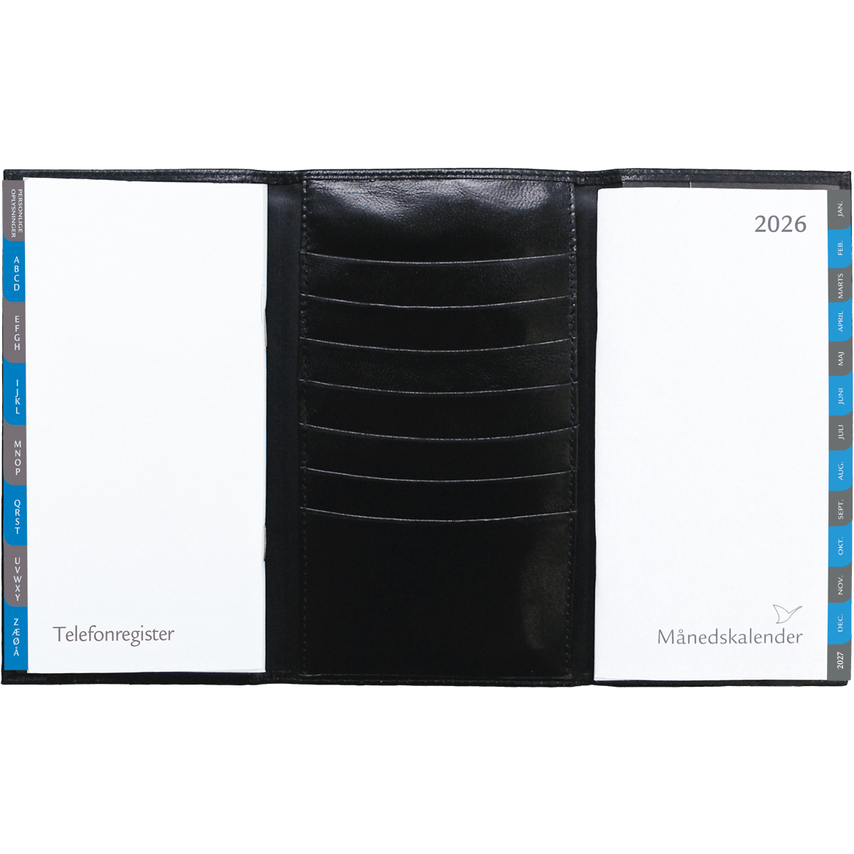 Månedskalender 2026 i 3-fløjet sort skind. Med kalender, telefonregister og notesblok