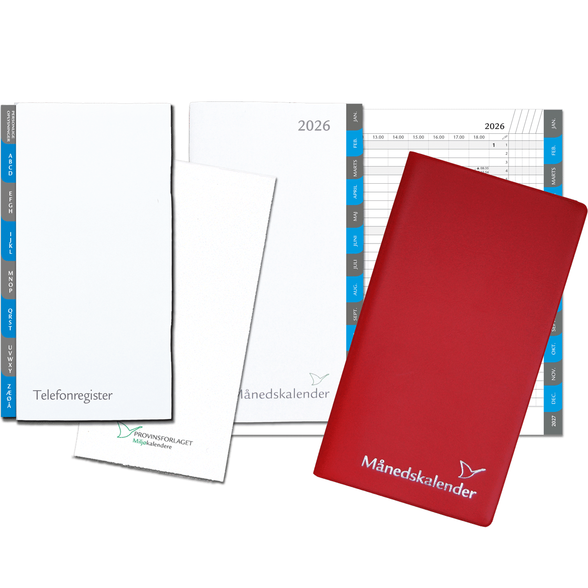 Månedskalender 2026 med kalender, telefonregister og notesblok, rød