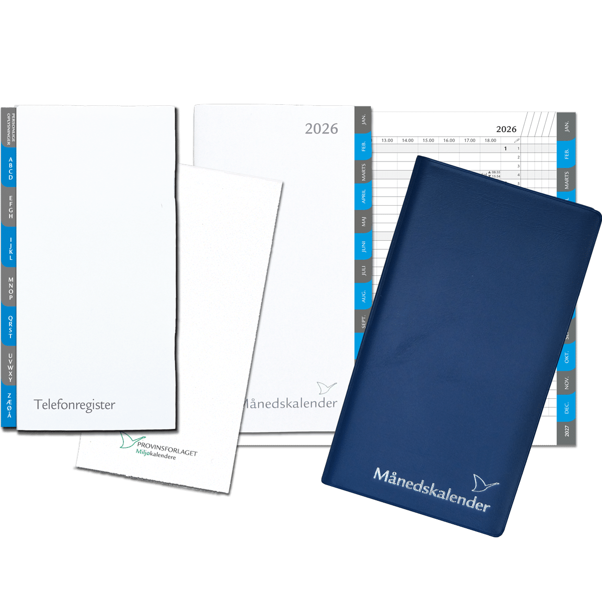 Månedskalender 2026 med kalender, telefonregister og notesblok, blå
