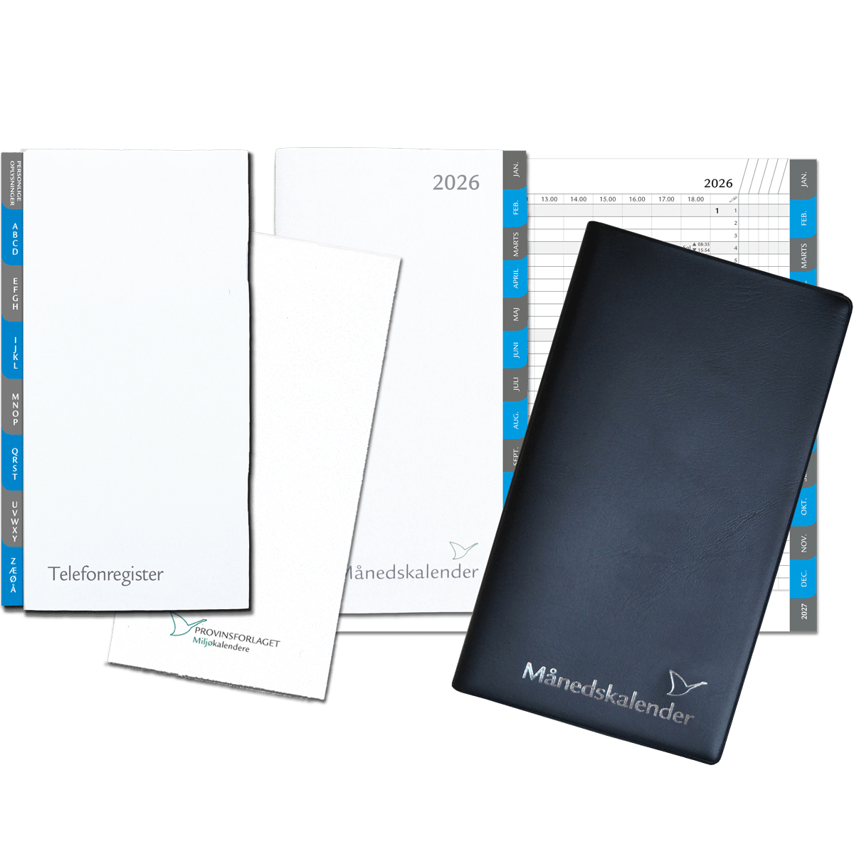 Månedskalender 2026 med kalender, telefonregister og notesblok, sort