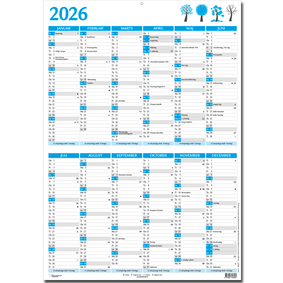 Dobbelt A5-vægkalender 2026, blå