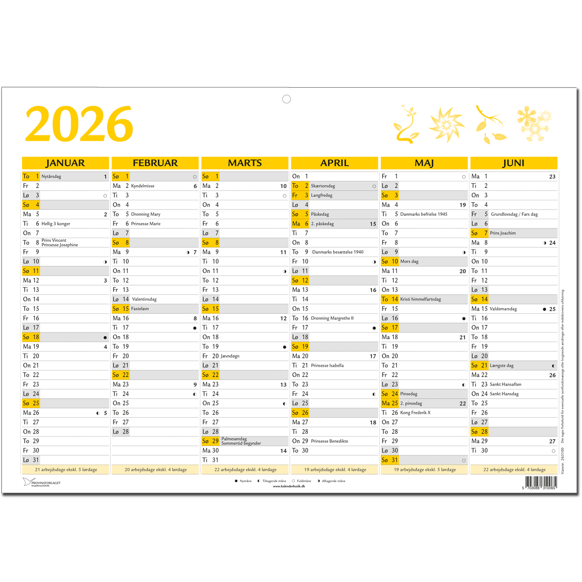 A4 vægkalender 2026, gul