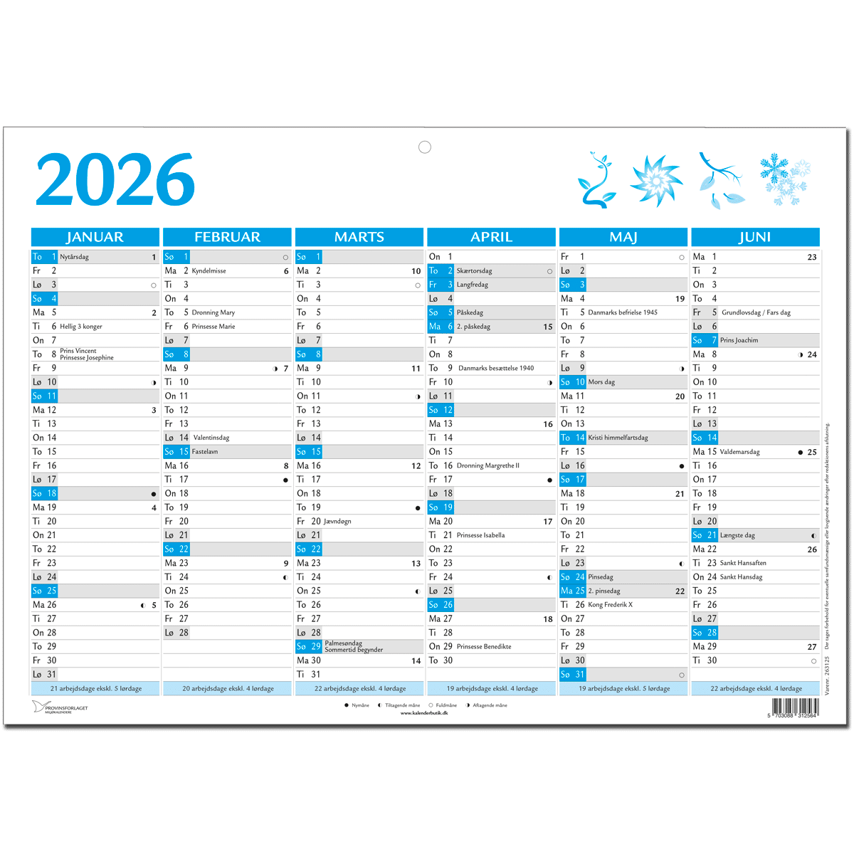 A4 vægkalender 2026, blå