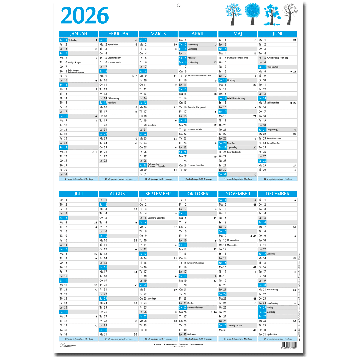 Dobbelt A4 vægkalender 2026, blå