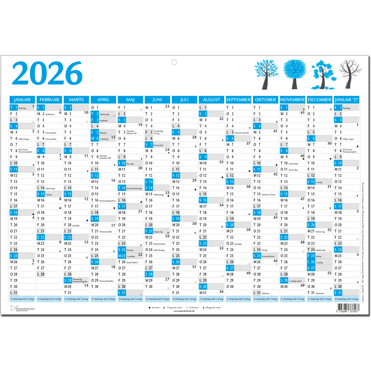 A3 vægkalender 2026 + januar 2027, blå
