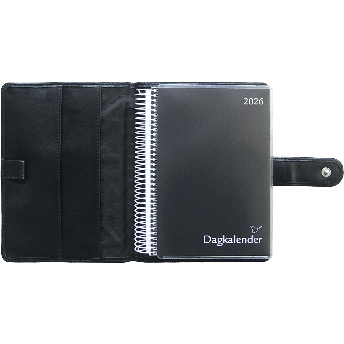 Dagkalender 2026 med sort kunstlæderomslag