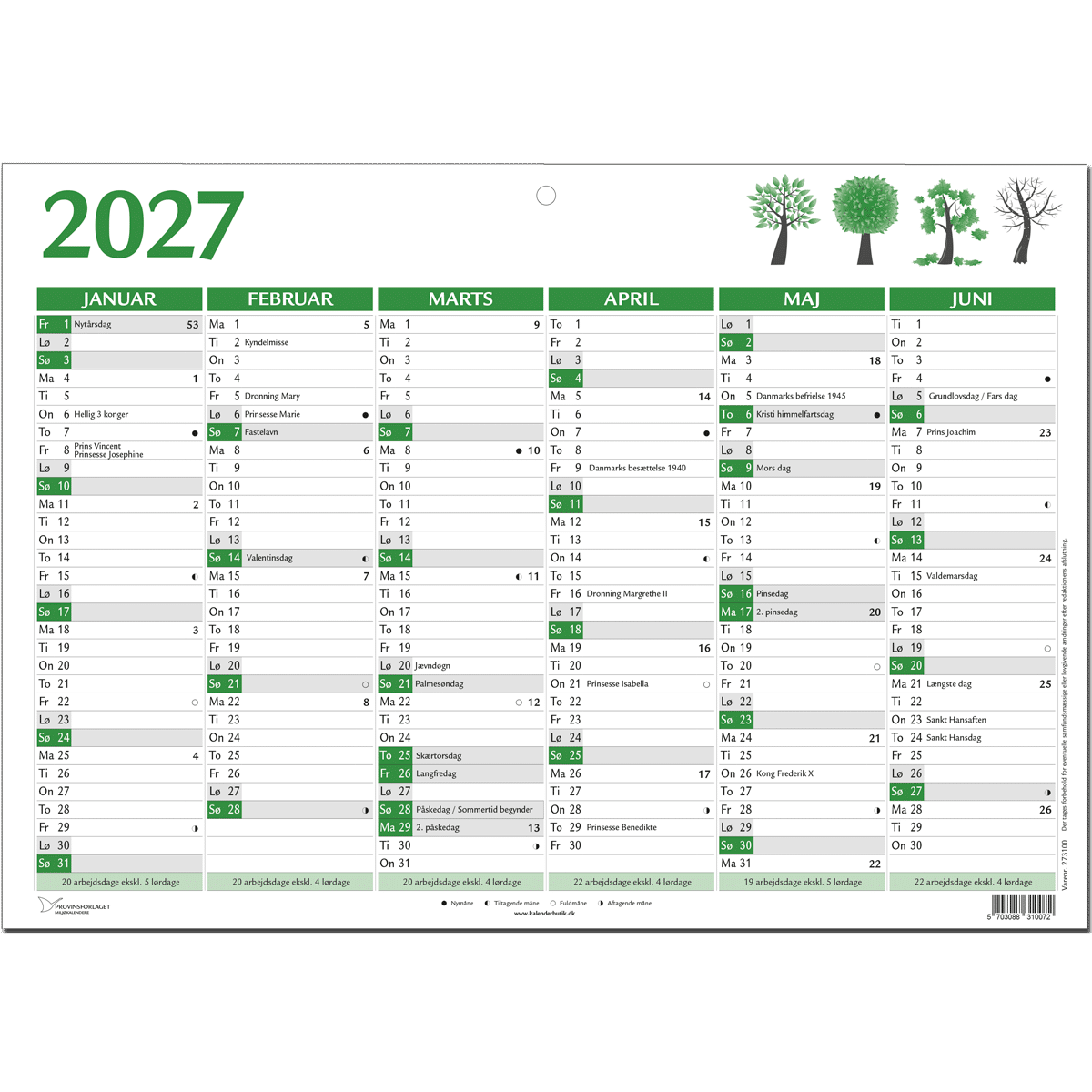 A4 vægkalender 2027, grøn
